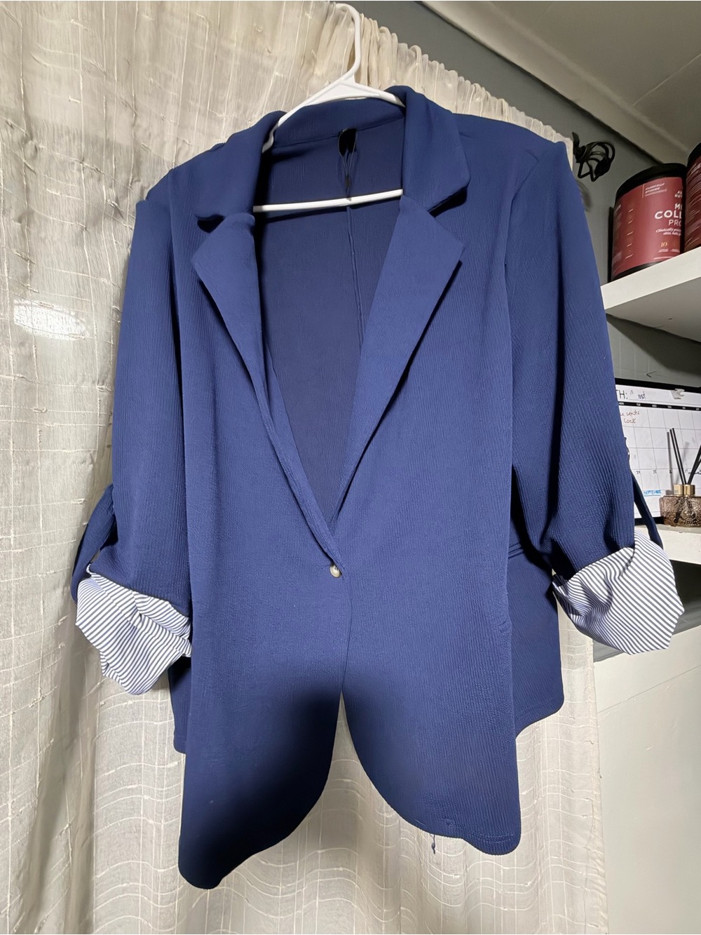 SHEIN Navy Blue Open-Front Striped-Cuff Blazer